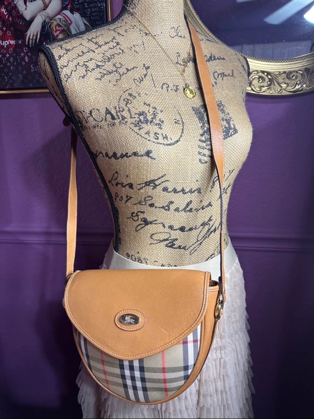 Authentic Burberry Tan Leather & Vintage Check Crossbody Bag/ Dust Bag